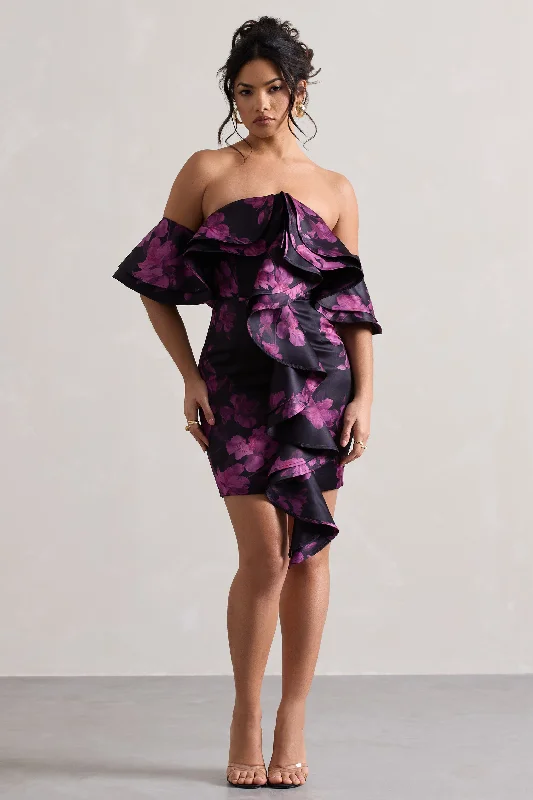 Aspen | Black Floral Print Bardot Mini Dress With Ruffles