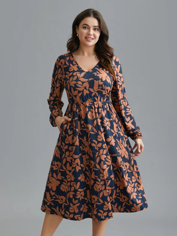 Autumn Leaves Print Fit-and-Flare Midi Dress