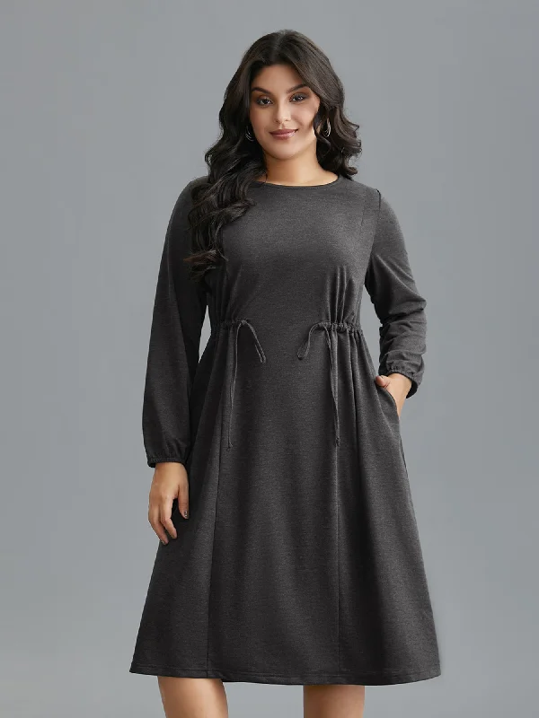 Elastic Waist Tie Round Neck Knit Midi Dress