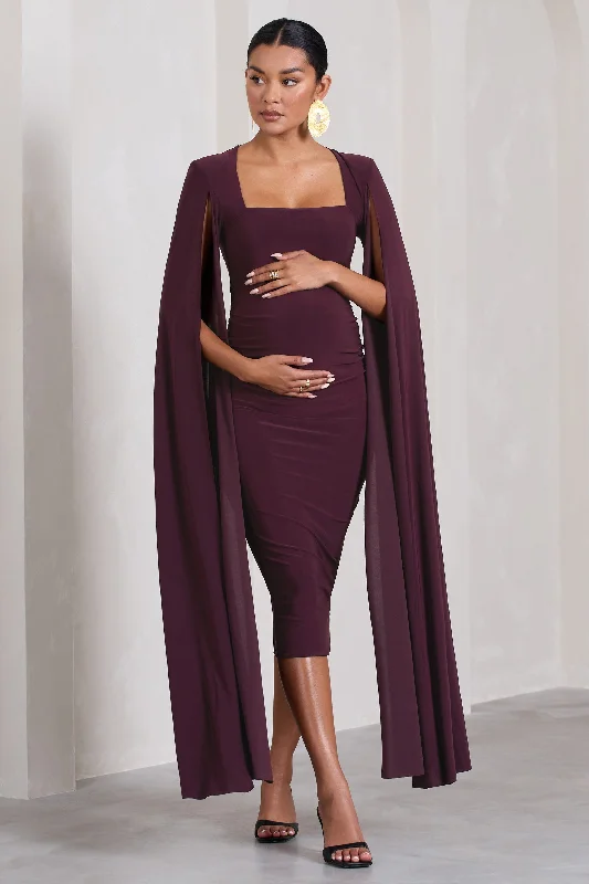 Flawless | Plum Maternity Square Neck Midi Dress With Cape Sleeves