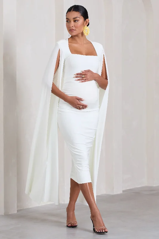 Flawless | White Maternity Square Neck Midi Dress With Cape Sleeves