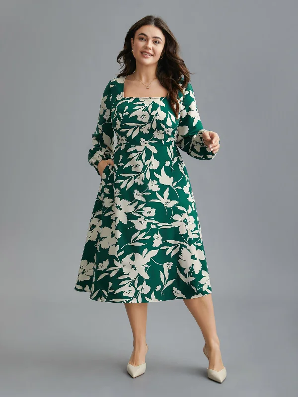 Floral Square Neck Elastic Waist Midi Dress