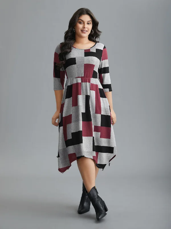 Geometric Print Asymmetrical Hem Midi Dress