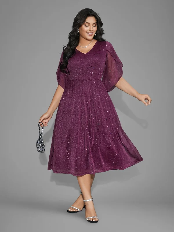 Glitter Mesh Petal Sleeve Midi Dress