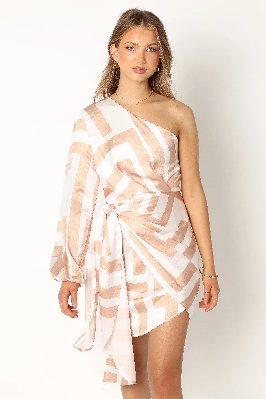 Inga Long Sleeve Mini Dress - Beige Stripe