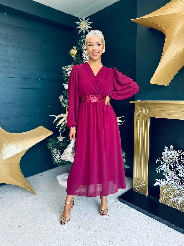 Julia Sequin Banded Midi Dress Burgundy