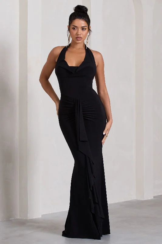 Kaia | Black Ruched Cowl-Neck Maxi Dress With Drape