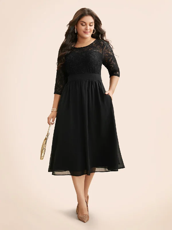 Lace Patchwork Shirred Midi Pocket Dress