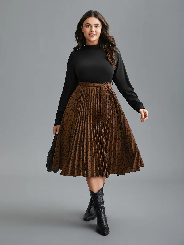 Leopard Print Pleated Mock Neck Midi Dress