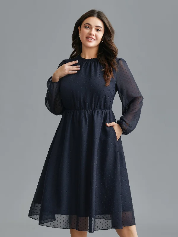 Mock Neck Sheer Sleeves Chiffon Midi Dress