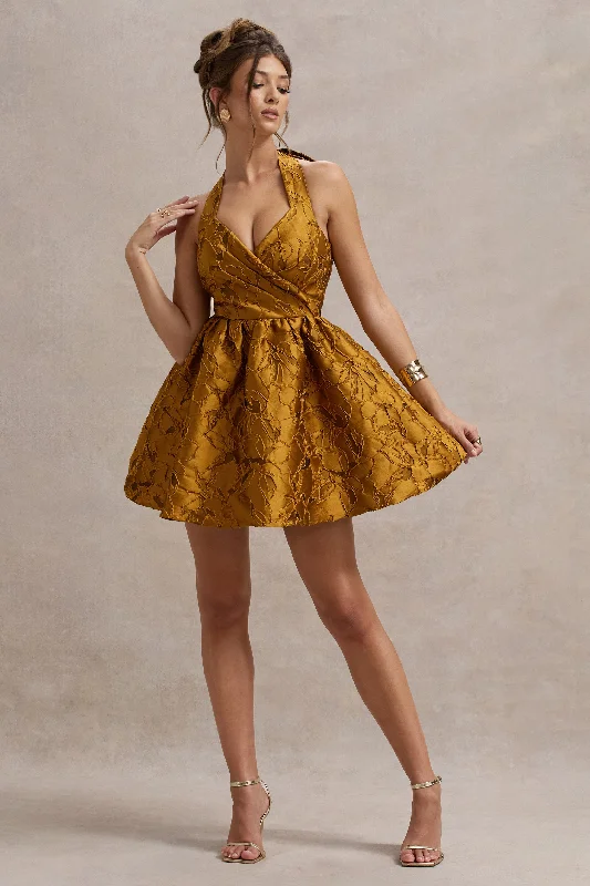 Pixi | Mustard Floral Print Sweetheart Neck Mini Dress