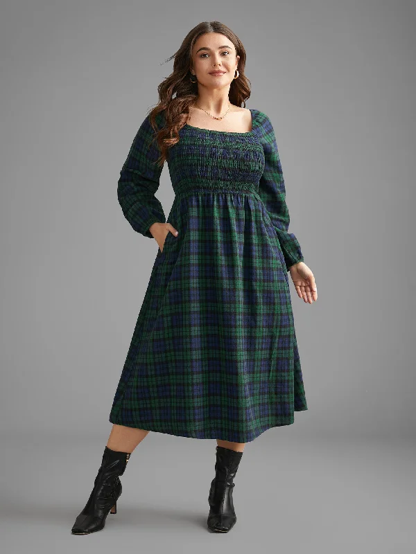 Plaid Square Neck Shirred Midi Dress