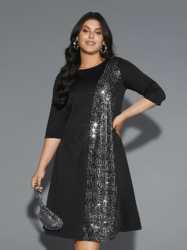 Round Neck Sequin Patchwork Midi Dress