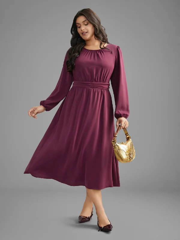 Solid Gathered Lantern Sleeve Midi Dress