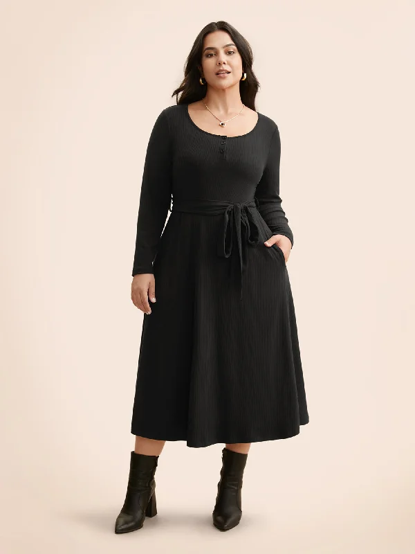 Solid Waist Tie Midi Dress