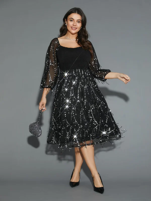 Tassel Sequins Sheer Sleeves Midi Dress