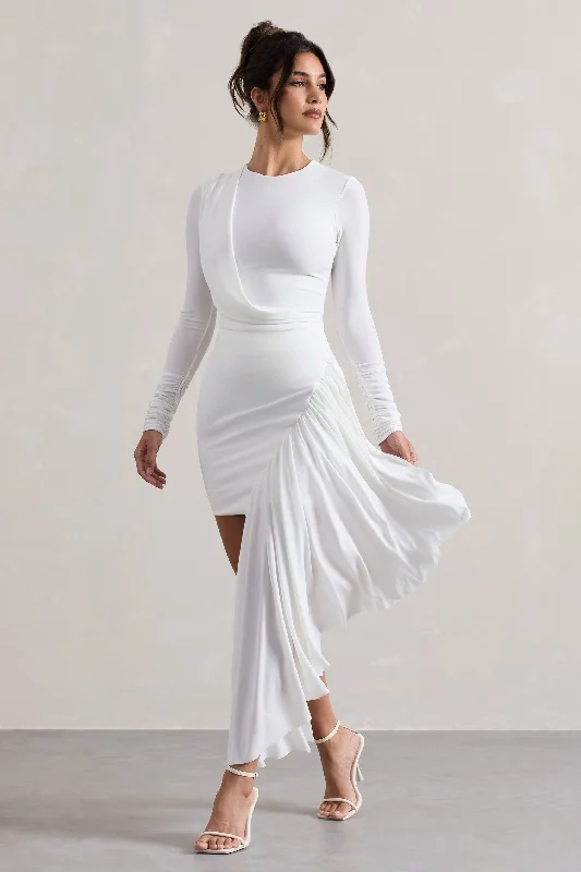 Tate | White Long-Sleeve Wrap Mini Dress With Drape