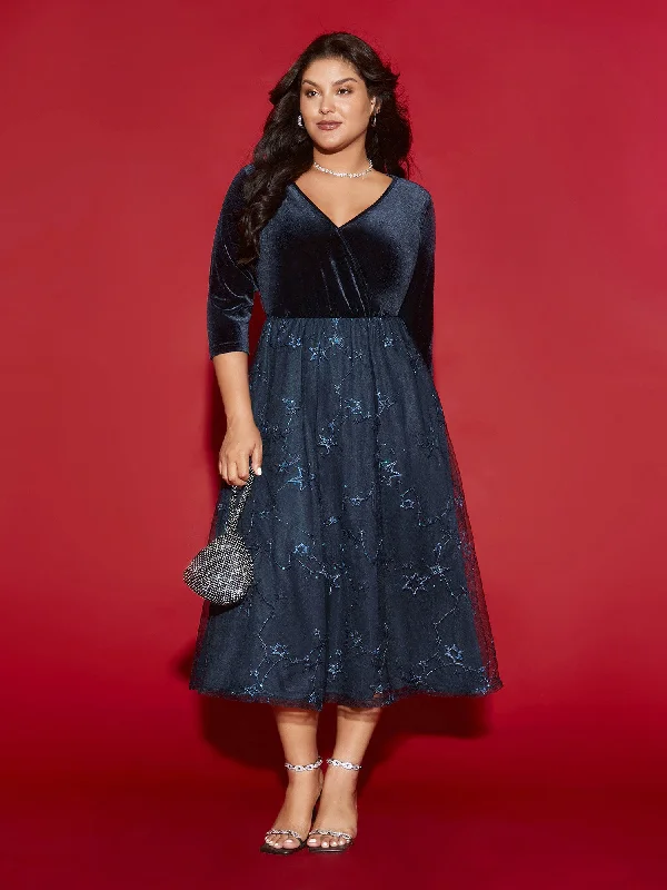 Velvet Star Mesh Surplice Neckline Midi Dress