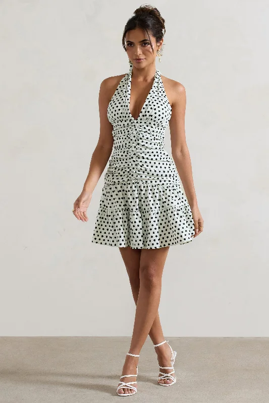 Verde | White Polka Dot V-Neck Ruched Mini Dress With Flared Hem