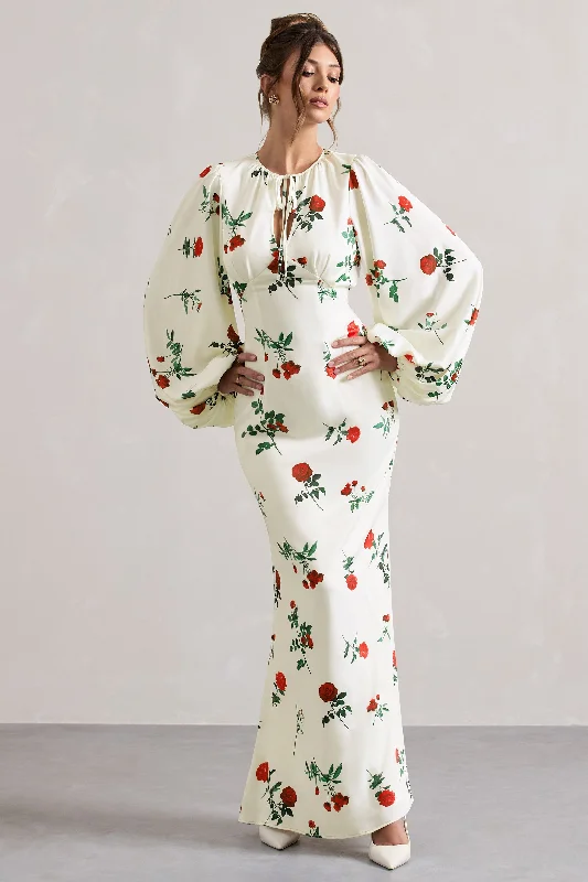 Wild Rose | Rose Print Satin Puff-Sleeve Cut-Out Maxi Dress