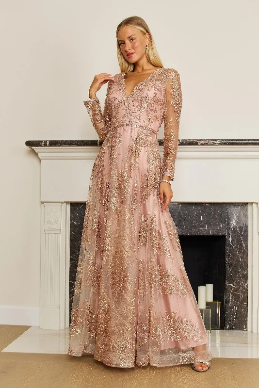 Dylan & Davids Long Sleeve Formal Dress Evening Gown Rose Gold