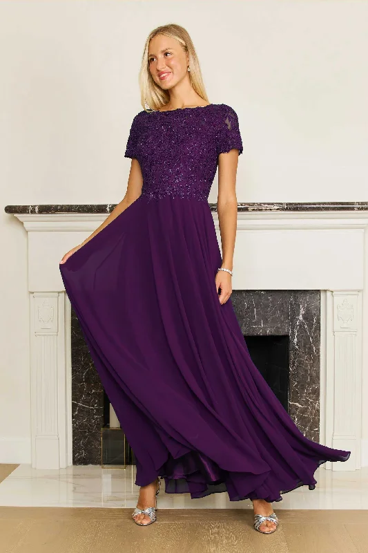 Dylan & Davids Short Sleeve Mother Of The Bride Evening Dress Plum