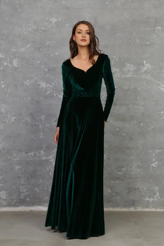 Evening  Dress Velvet Dress A Line Skirt Sweetheart Neckline Long Sleeves High Quality Fabric Dress Formal Dresses Wedding Guest Dress