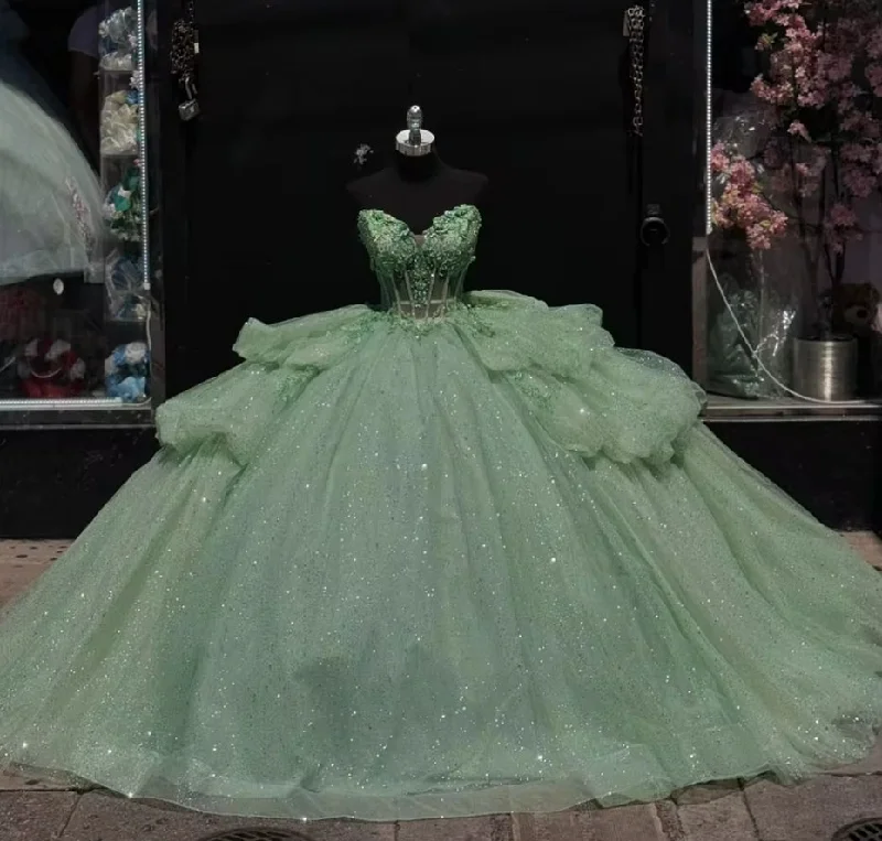 Sage Green Ruffels Shinning Lace Appliques Quinceanera Dresses for Sweet 15 Year Puffy Ball Gown Princess Gowns Wedding Mexican