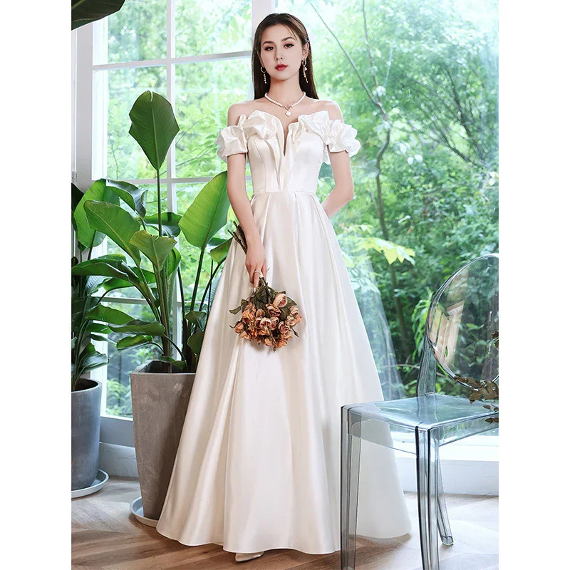 Wedding Dress A Line Off Shoulder Satin Fashion Temperament Formal Wear Dresses