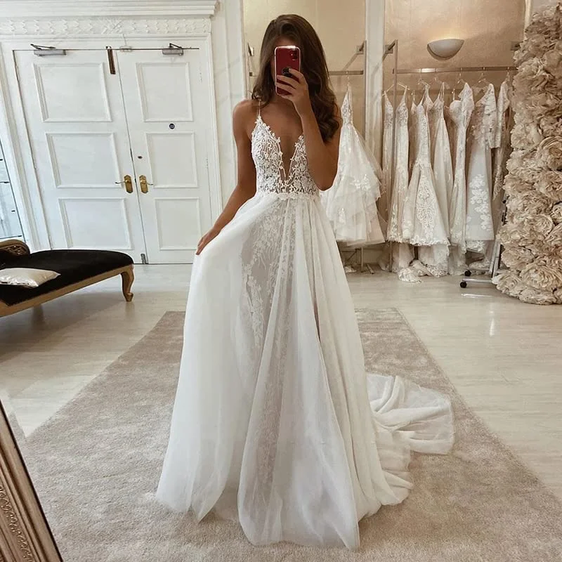 Wedding Dress Boho Slit Lace Appliques Long Sleeve Mermaid Bridal Dresses for Wedding Formal Women's Dresses