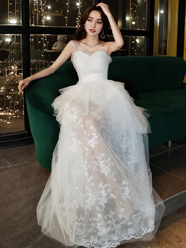 Wedding Dress Spaghetti Strap Tulle Lace Splicing Layered Formal Wear Dresses