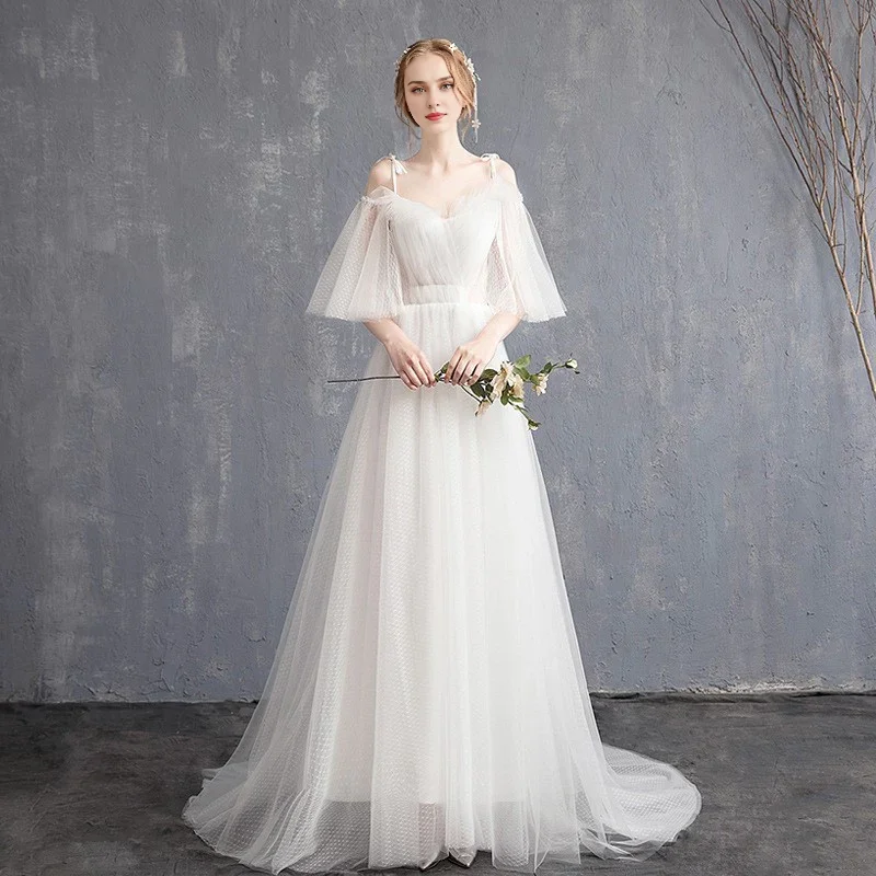 Wedding Dress Sweetheart A Line Tulle Spaghetti Strap Long Train Formal Wear Dresses No veil