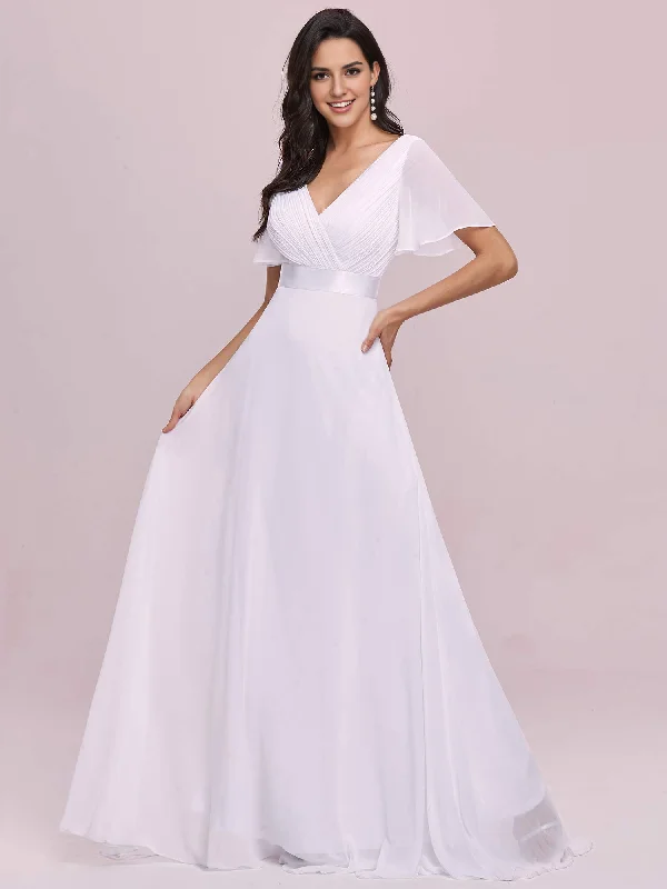 Wedding Dress V-Neck Short Sleeve Ruched Floor Length Formal Women's Dresses